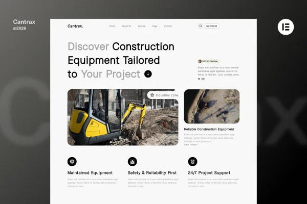 Canstrax construction equipment rental Elementor template kit preview