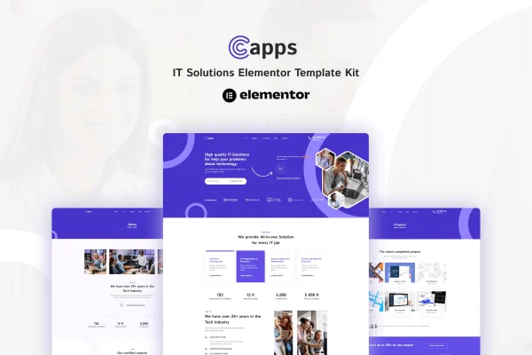 Capps IT Solutions Elementor template kit preview with modern tech company page layouts