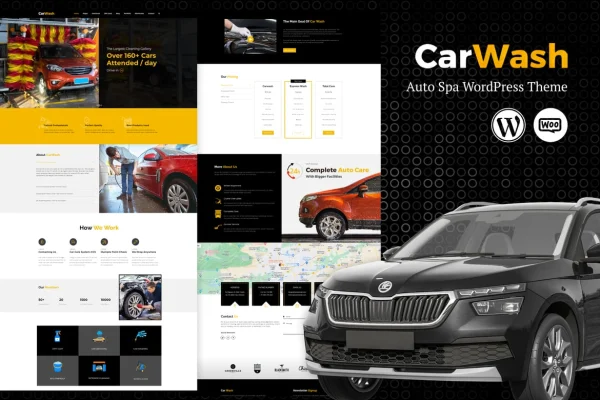 Car Wash Auto Spa WordPress theme preview showing a car wash business homepage