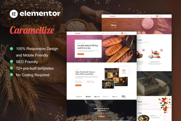 Caramellize bakery and pastry Elementor template kit preview