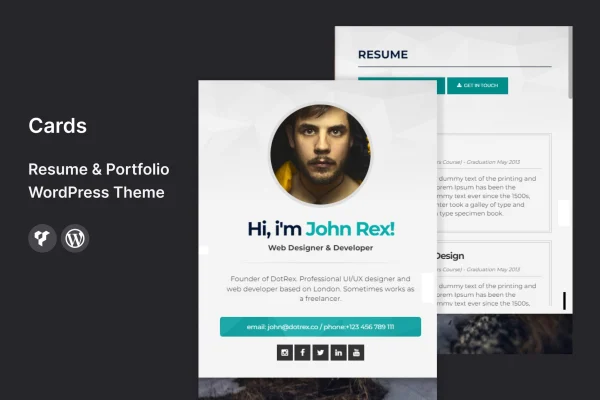 Cards resume and portfolio WordPress theme preview with card-based layout