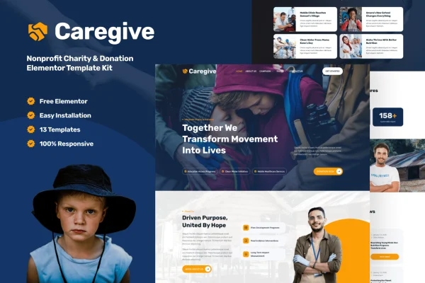 Caregive nonprofit charity and donation Elementor template kit preview