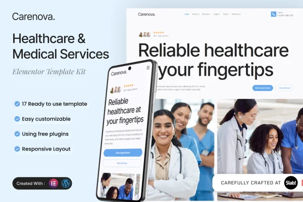 Carenova healthcare and medical services Elementor template kit preview