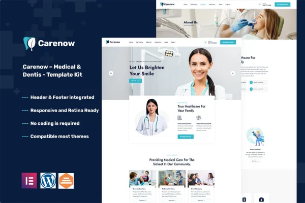 Carenow medical and dentist Elementor template kit preview