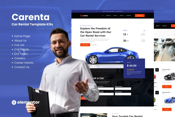 Carenta car rental Elementor template kit preview with fleet and booking pages