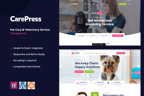 CarePress pet care and veterinary Elementor template kit preview
