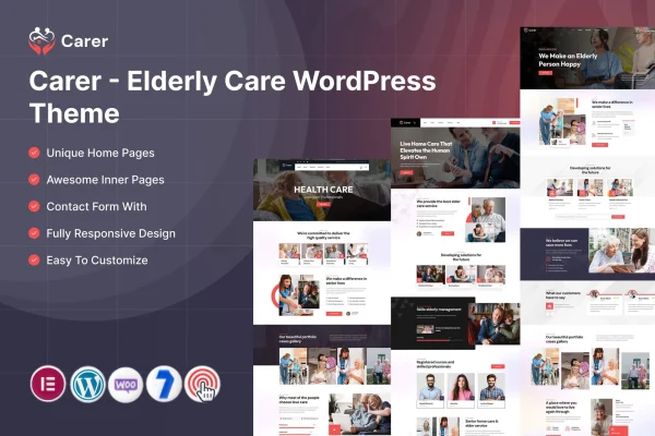 Carer elderly care WordPress theme preview showing a senior care homepage layout