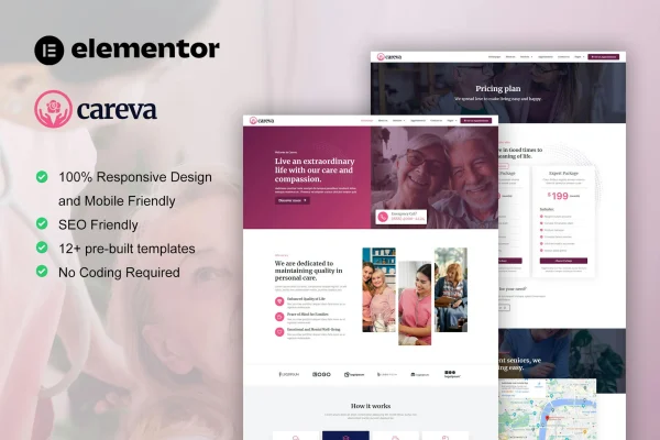Careva senior care services Elementor Pro template kit preview