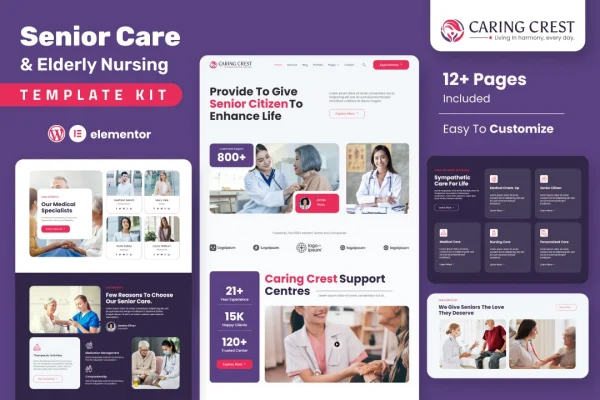 Caring Crest senior care services Elementor template kit cover image