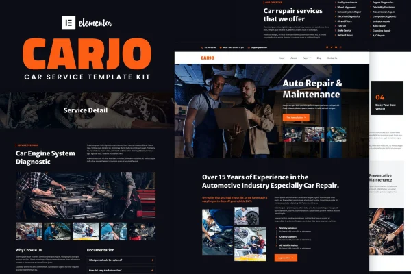 Carjo car services and repair Elementor template kit preview