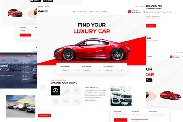Carlink automotive WordPress theme preview with vehicle listings