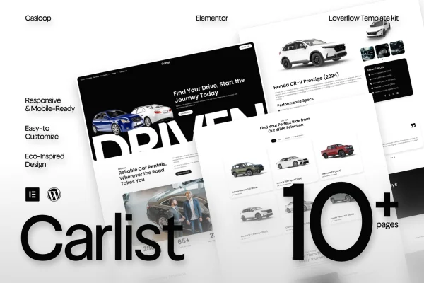 Carlist car rental Elementor template kit preview with minimalist page layouts
