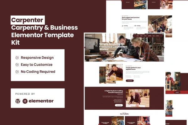 Carpenter Elementor Pro template kit preview for a carpentry business website