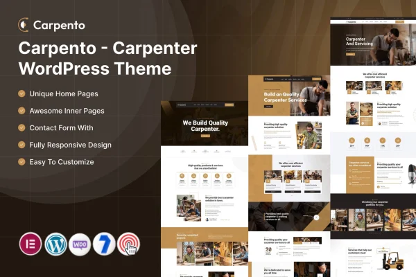 Carpento carpenter WordPress theme preview with woodworking project pages
