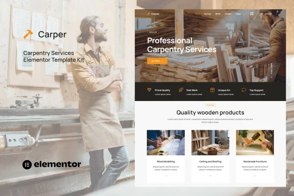 Carper carpenter and craftsman Elementor template kit preview