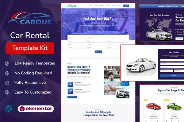 CarQue car rental and auto services Elementor template kit preview