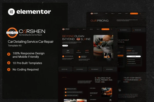 Carshen car detailing and repair Elementor template kit preview