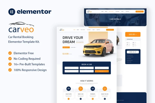 Carveo car rental Elementor template kit cover image