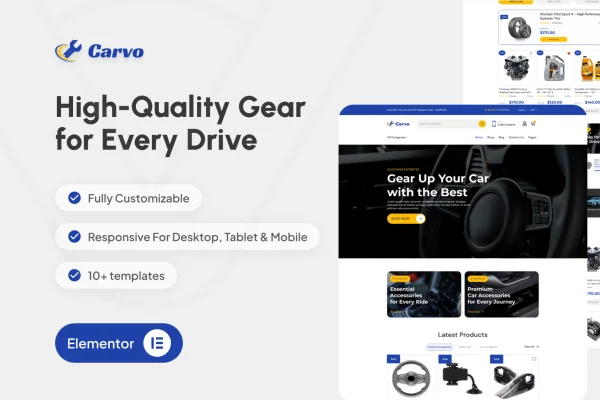 Carvo auto parts store Elementor Pro template kit preview