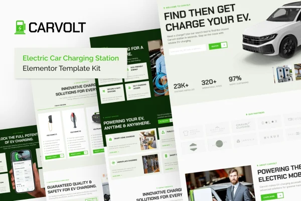 Carvolt electric car charging station Elementor template kit preview