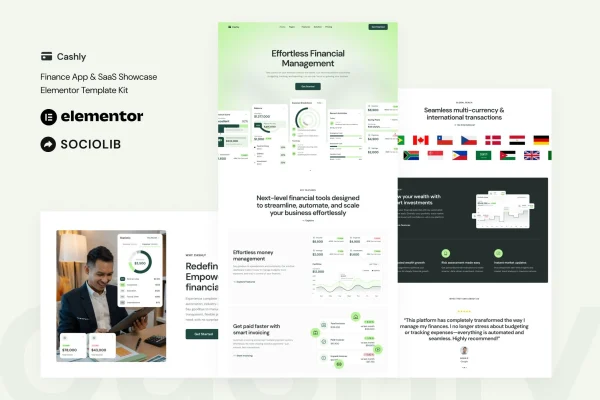 Cashly Elementor template kit cover showing finance app and SaaS website page layouts