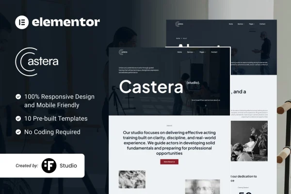 Castera Elementor kit preview showing artist casting and talent agency website pages