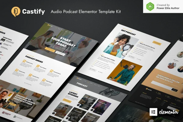 Castify audio podcast Elementor template kit preview showing podcast website page layouts