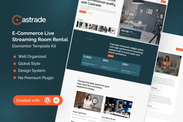 Castrade live streaming room rental Elementor template kit preview
