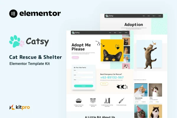 Catsy cat rescue and shelter Elementor template kit preview