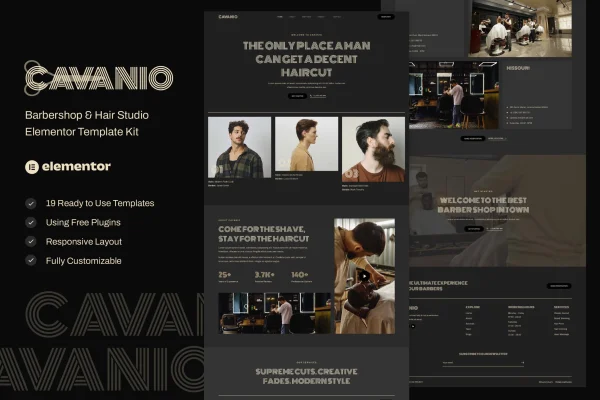 Cavanio barbershop and hair studio Elementor template kit preview