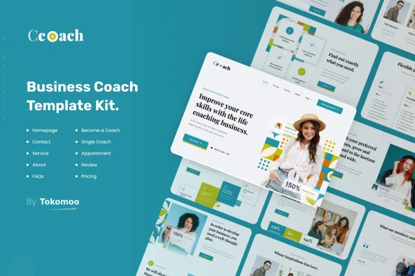 Ccoach business coach Elementor template kit cover showing coaching website page layouts
