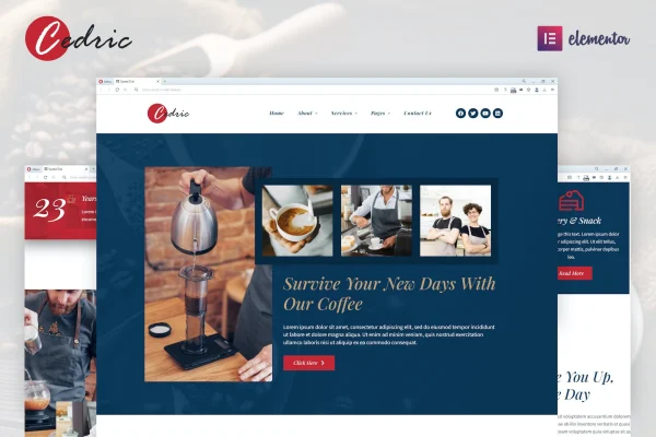 Cedric coffee and beverages Elementor template kit cover showing cafe website page layouts
