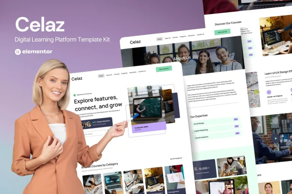 Celaz digital learning platform Elementor kit preview with course and homepage layouts