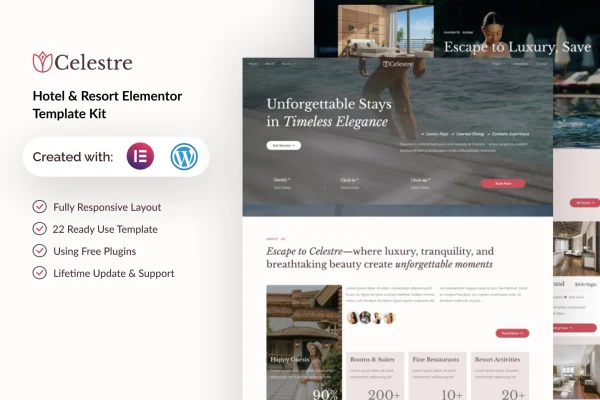 Celestre hotel and resort Elementor template kit preview