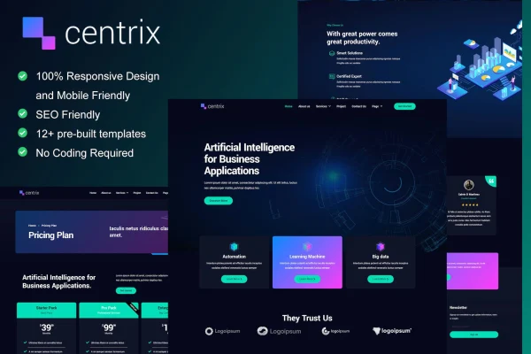 Centrix Elementor template kit preview with dark AI and technology website layouts