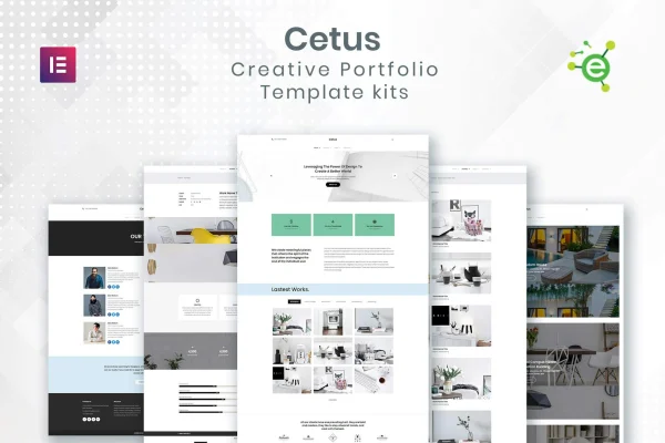 CETUS creative portfolio Elementor template kit cover showing minimalist page layouts