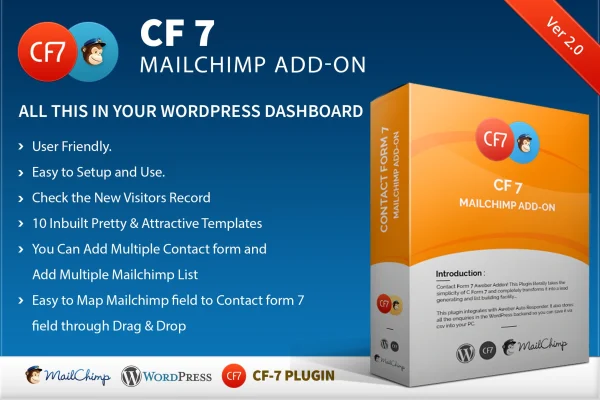 CF7 Mailchimp Addon plugin banner showing Contact Form 7 and Mailchimp integration