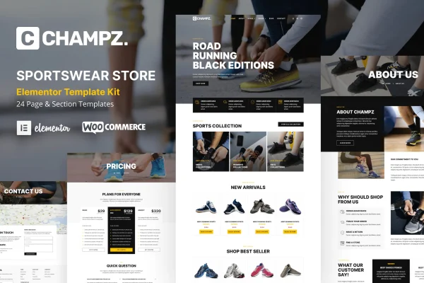 Champz sneakers and sports apparel online store Elementor template kit preview