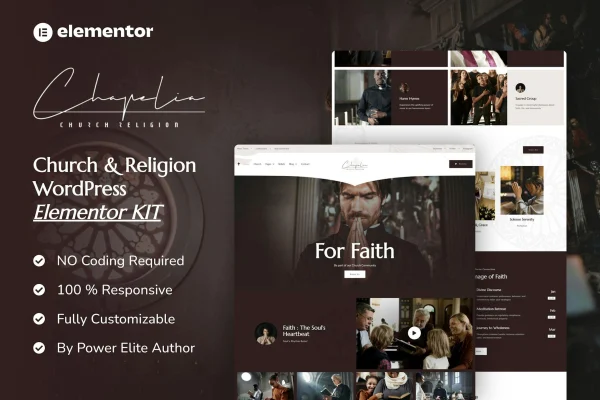 Chapelia church and religion Elementor template kit preview