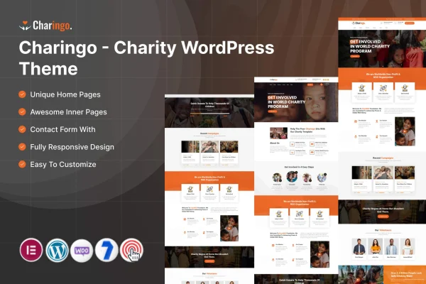 Charingo charity WordPress theme preview with a nonprofit homepage layout