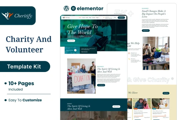 Charitify nonprofit charity and donation Elementor template kit preview