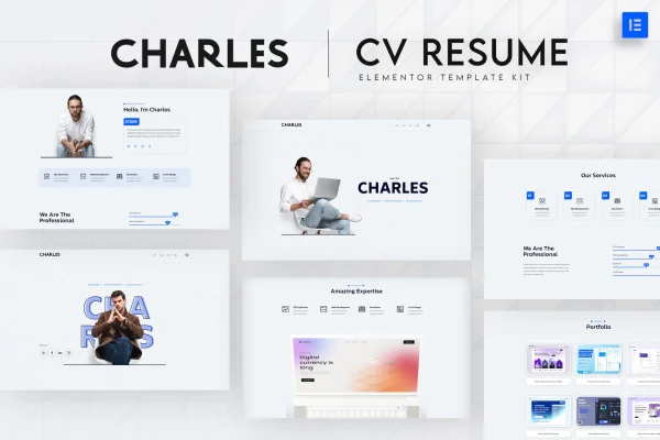 Charles CV resume Elementor template kit cover showing personal portfolio page designs