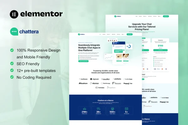 Chattera SaaS and chat service Elementor template kit preview