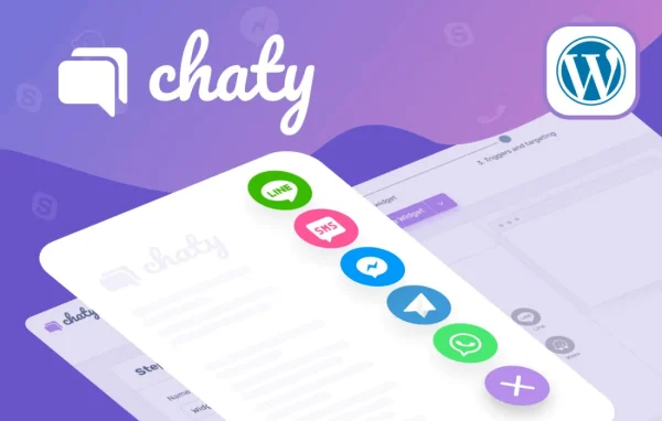 Chaty Pro plugin banner with a chat widget showing messaging app icons