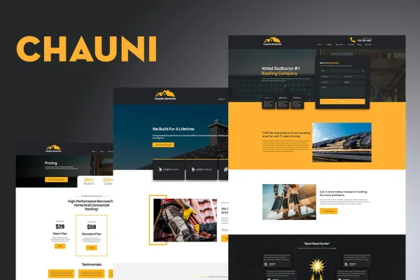 Chauni roofing Elementor template kit preview showing contractor website pages