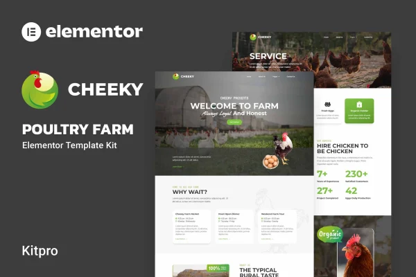 Cheeky poultry farm Elementor template kit preview showing website page layouts