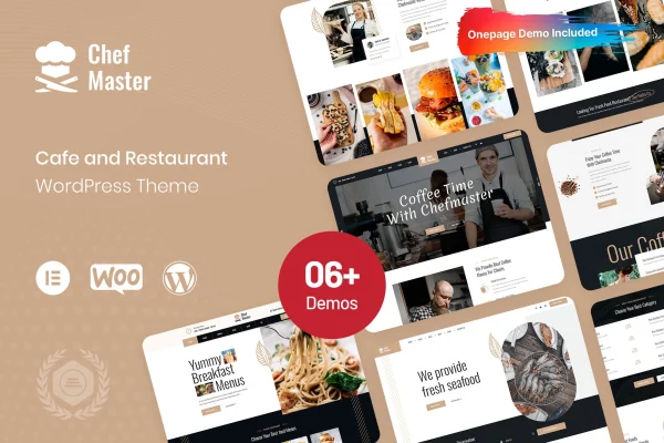 Chefmaster restaurant WordPress theme preview with menu and dining page layouts