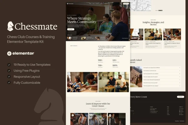 Chessmate chess club and training Elementor template kit cover image