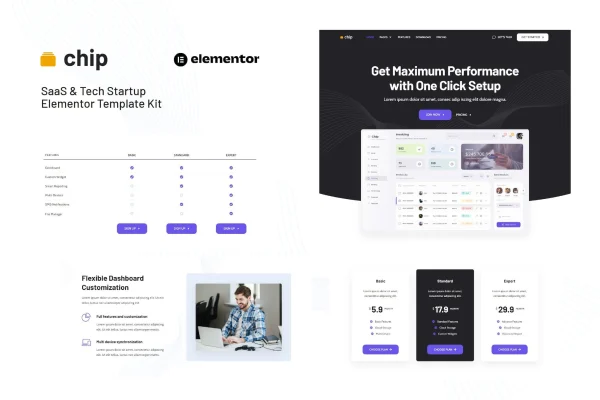 Chip SaaS and tech startup Elementor template kit preview