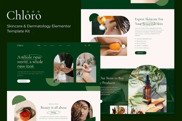 Chloro skincare and dermatology Elementor template kit preview